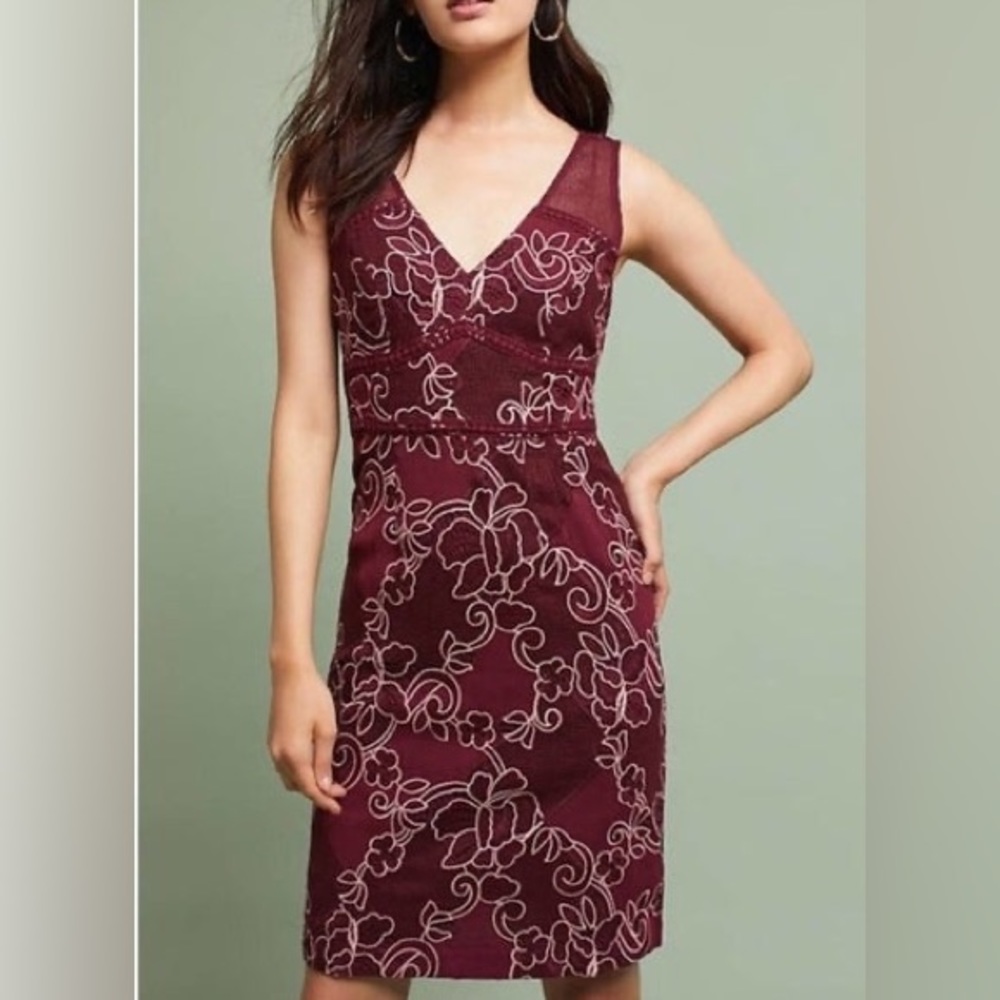 Anthropologie Burgundy Floral Lace Shift Dress